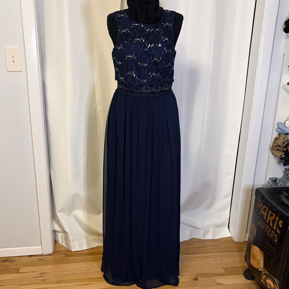 BCX Dress size 9 navy blue sequined lace bodice cutout waist prom wedding long